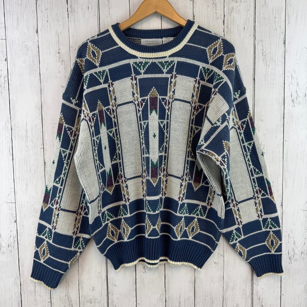 VTG Van Heusen Blue Abstract Print Acrylic Knit Sweater Size XL X-Large
